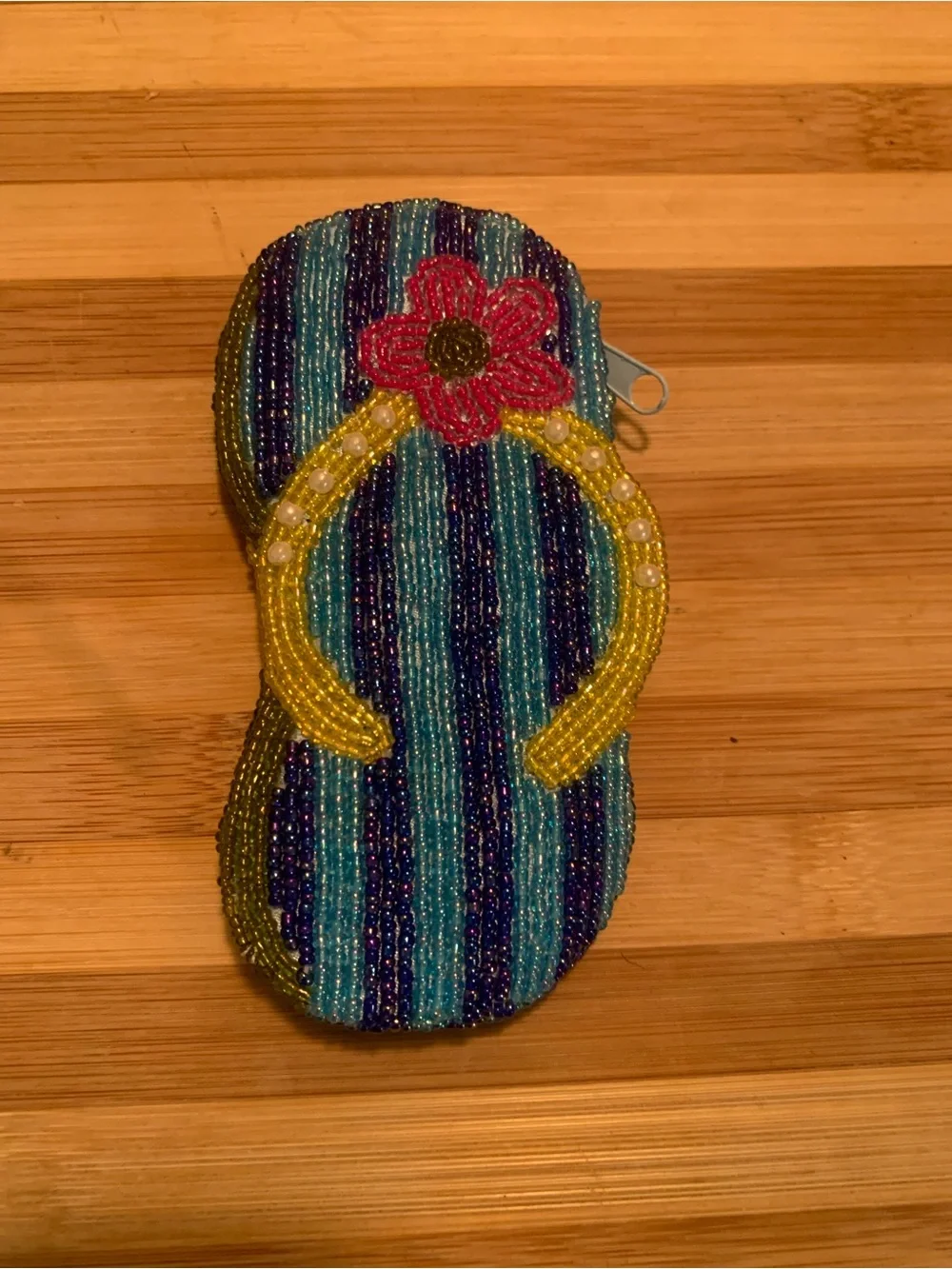 Handmade Beaded Flip-Flop Coin Purse w/ Blue Stripes, Pink Flower, Pearl Accents